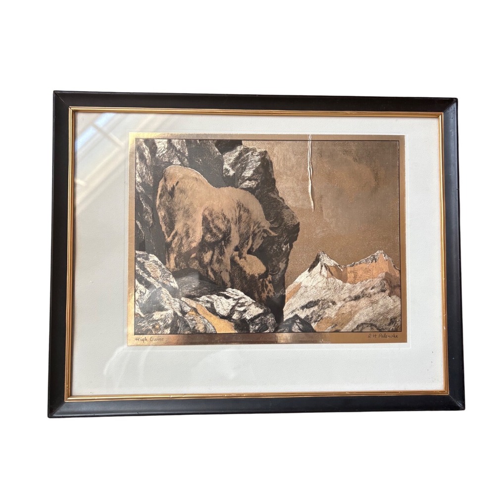 Vintage R.H. Palenske "High Game" Gold Foil Etching - Framed Mountain Goat Art